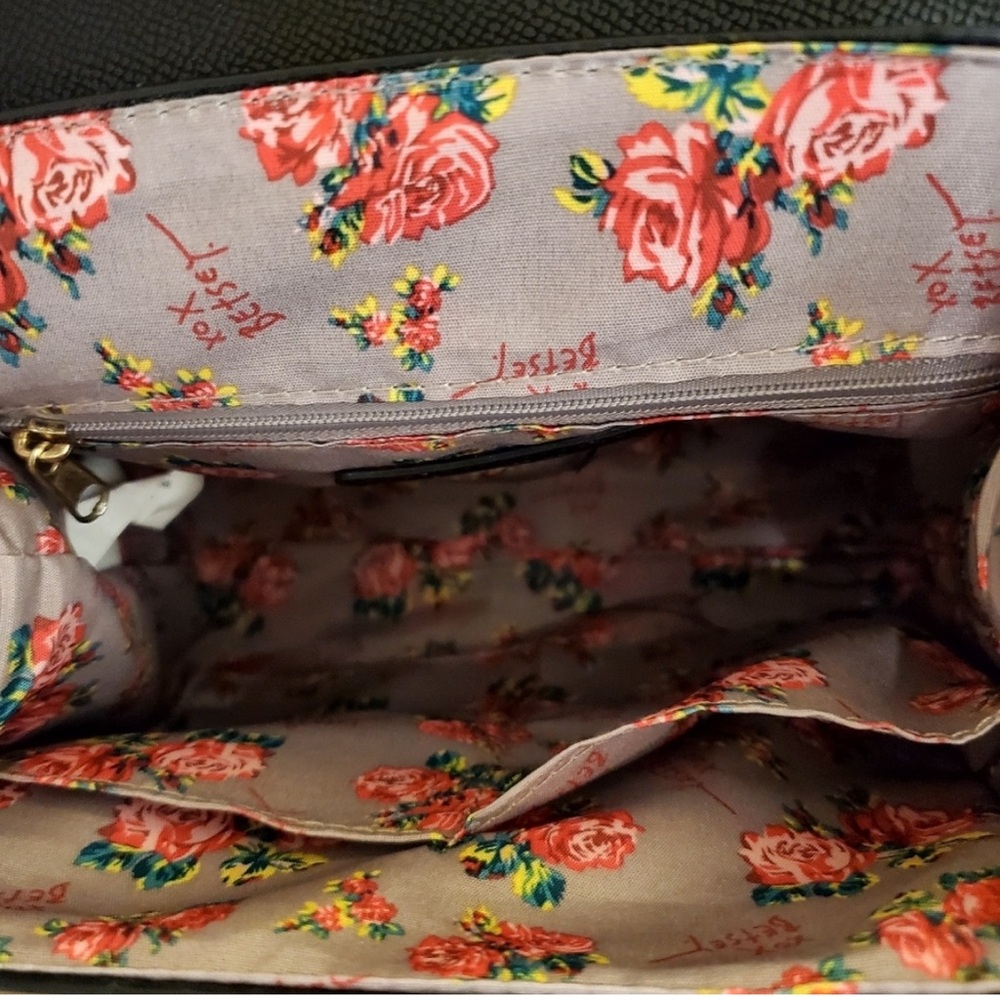 Betsey Johnson Black XO Mandy Croco Top-Handle Bag (w/floral twilly)(EUC) - Picture 4 of 4